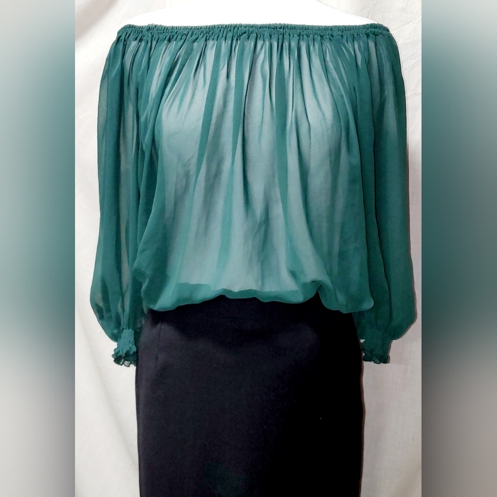 EMERALD GREEN SHEER CHIFFON BOHO GYPSY OFF THE SHOULDER BLOUSE ELASTIC NECKLINE